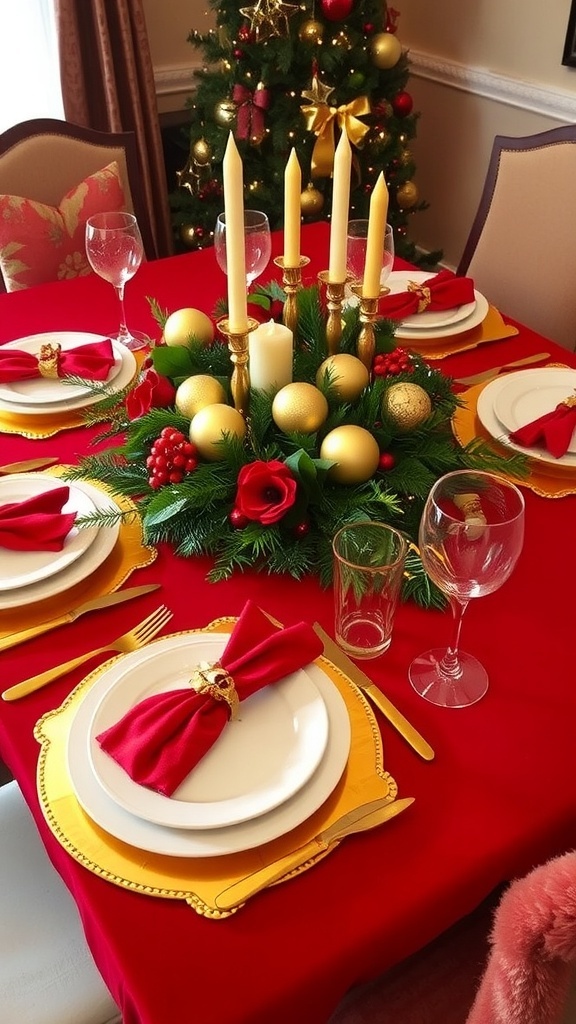 A festive Christmas table setting with red and gold decorations, featuring elegant tableware and a charming centerpiece.